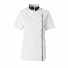 Veste de cuisine femme Ajik manches courtes Blanche avec col et liserés noirs - Molinel